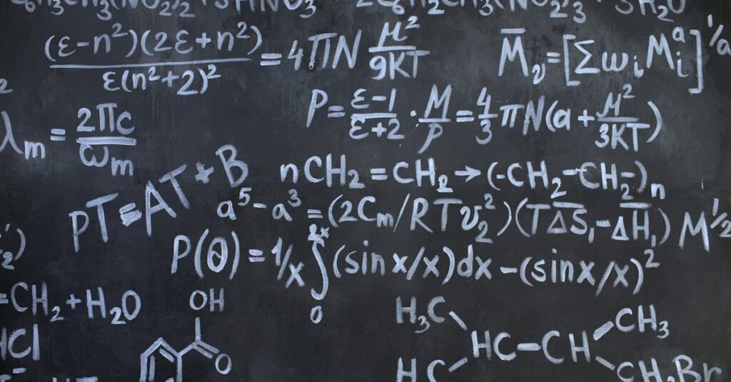 Intricate mathematical and chemical equations chalked on a blackboard symbolizing education and science.