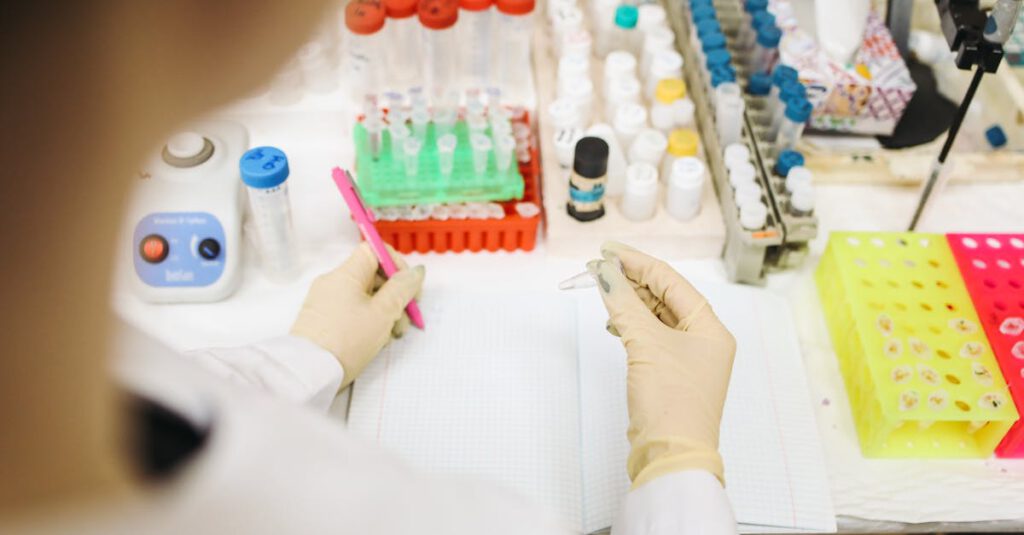 Scientist analyzing samples in a lab with various test tubes and equipment.