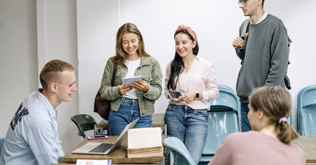 A diverse group of college students engaging in a lively study session indoors.